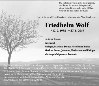 Traueranzeige von Friedhelm Wolf von vrm-trauer