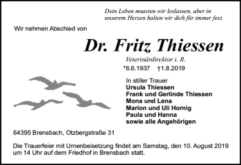 Traueranzeige von Fritz Thiessen von vrm-trauer