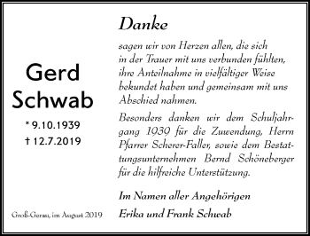 Traueranzeige von Gerd Schwab von vrm-trauer