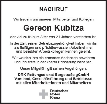 Traueranzeige von Gereon Kubitza von vrm-trauer