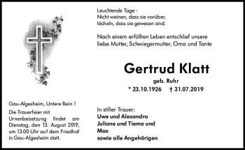 Traueranzeige von Gertrud Klatt von vrm-trauer