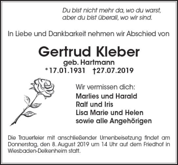 Traueranzeige von Gertrud Kleber von vrm-trauer