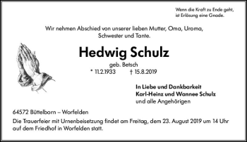 Traueranzeige von Hedwig Schulz von vrm-trauer