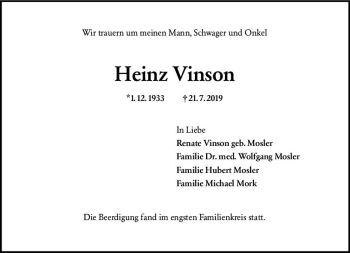 Traueranzeige von Heinz Vinson von vrm-trauer