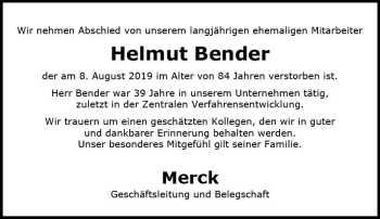 Traueranzeige von Helmut Bender von vrm-trauer
