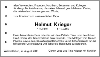 Traueranzeige von Helmut Krieger von vrm-trauer