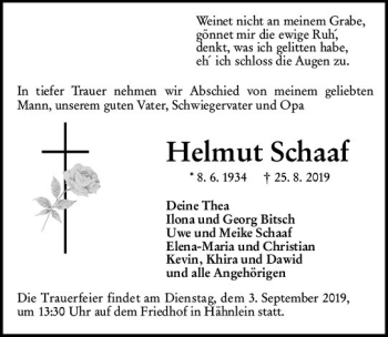 Traueranzeige von Helmut Schaaf von vrm-trauer