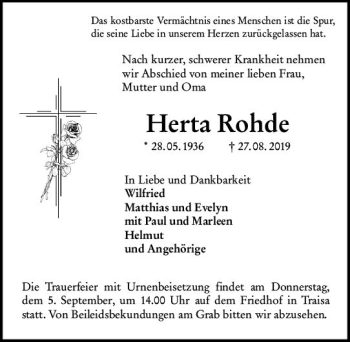 Traueranzeige von Herta Rohde von vrm-trauer