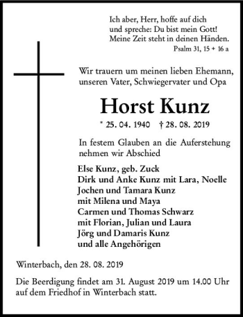 Traueranzeige von Horst Kunz von vrm-trauer