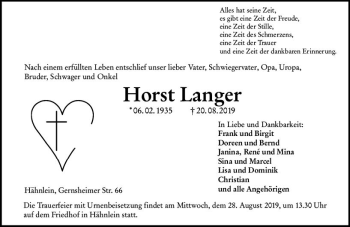 Traueranzeige von Horst Langer von vrm-trauer