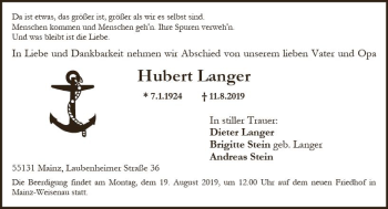 Traueranzeige von Hubert Langer von vrm-trauer