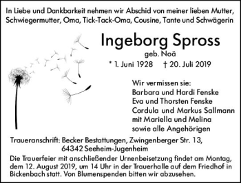 Traueranzeige von Ingeborg Spross von vrm-trauer