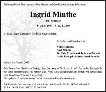 Traueranzeige von Ingrid Minthe von vrm-trauer