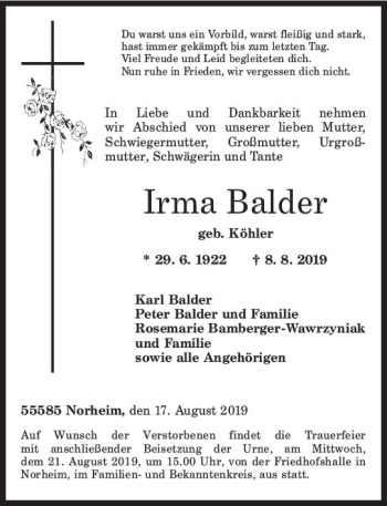 Traueranzeige von Irma Balder von vrm-trauer