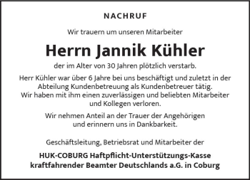 Traueranzeige von Jannik Kühler von vrm-trauer