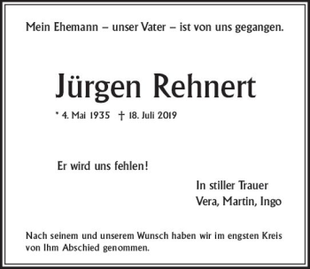 Traueranzeige von Jürgen Rehnert von vrm-trauer