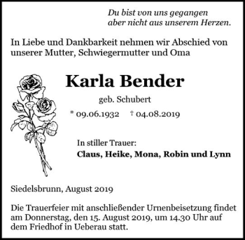 Traueranzeige von Karla Bender von vrm-trauer
