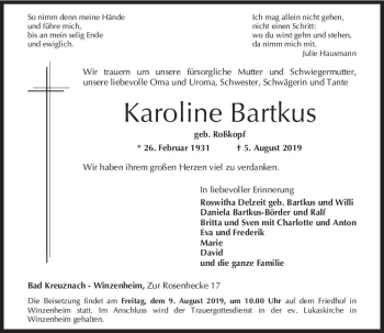 Traueranzeige von Karoline Bartkus von vrm-trauer