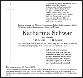 Traueranzeige von Katharina Schwan von vrm-trauer
