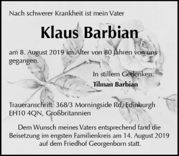 Traueranzeige von Klaus Barbian von vrm-trauer