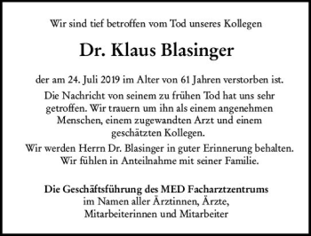 Traueranzeige von Klaus Blasinger von vrm-trauer