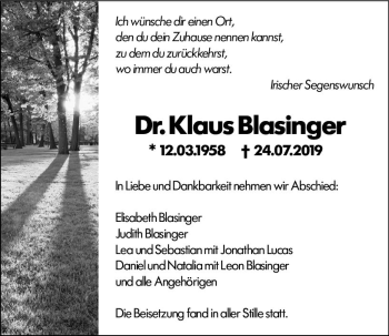 Traueranzeige von Klaus Blasinger von vrm-trauer