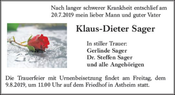 Traueranzeige von Klaus-Dieter Sager von vrm-trauer