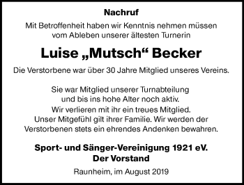 Traueranzeige von Luise Becker von vrm-trauer
