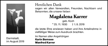 Traueranzeige von Magdalena Karrer von vrm-trauer