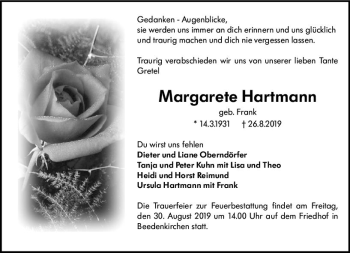 Traueranzeige von Margarete Hartmann von vrm-trauer