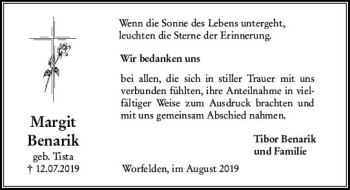 Traueranzeige von Margit Benarik von vrm-trauer