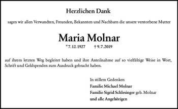 Traueranzeige von Maria Molnar von vrm-trauer
