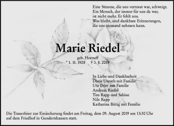 Traueranzeige von Marie Riedel von vrm-trauer