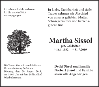 Traueranzeige von Martha Sissol von vrm-trauer
