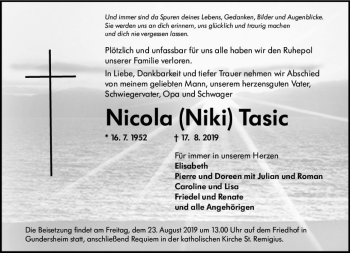 Traueranzeige von Nicola Niki Tasic von vrm-trauer