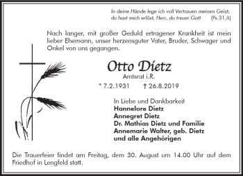 Traueranzeige von Otto Dietz von vrm-trauer