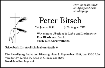 Traueranzeige von Peter Bitsch von vrm-trauer