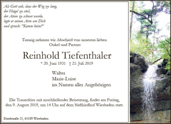 Traueranzeige von Reinhold Tiefenthaler von vrm-trauer