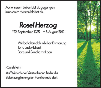 Traueranzeige von Rose Herzog von vrm-trauer
