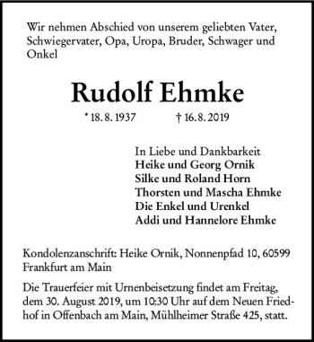 Traueranzeige von Rudolf Ehmke von vrm-trauer