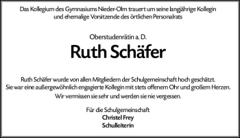 Traueranzeige von Ruth Hildegard Schäfer von vrm-trauer