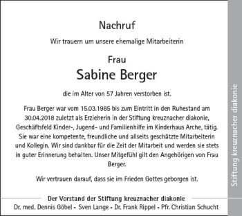 Traueranzeige von Sabine Berger von vrm-trauer