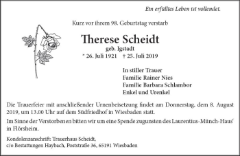 Traueranzeige von Therese Scheidt von vrm-trauer