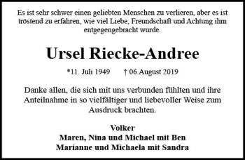 Traueranzeige von Ursel Riecke-Andree von vrm-trauer