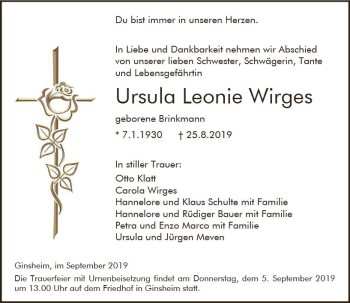 Traueranzeige von Ursula Leonie Wirges von vrm-trauer