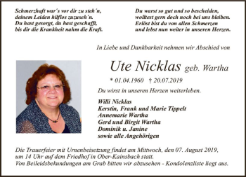 Traueranzeige von Ute Nicklas von vrm-trauer