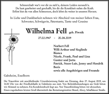 Traueranzeige von Wilhelma Fell von vrm-trauer