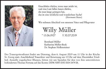 Traueranzeige von Willy Müller von vrm-trauer