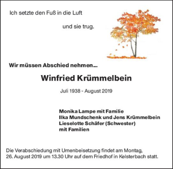 Traueranzeige von Winfried Krümmelbein von vrm-trauer