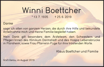 Traueranzeige von Winni Boettcher von vrm-trauer
